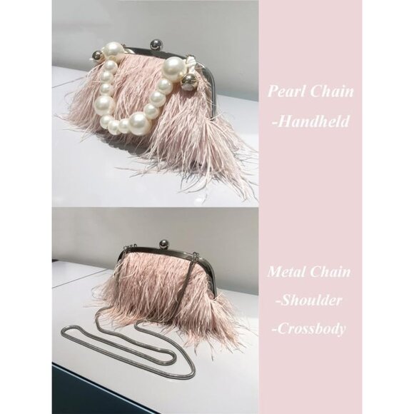 ⚡Women's Fluffy Ostrich Feather Pearl Banquet Evening Light Pink Clutch Bag - Picture 4 of 6